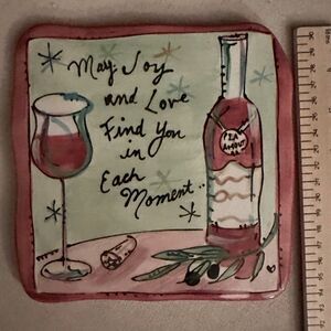 Vintage Julia Junkin handpained wine and cheese design trivit with raised bottom